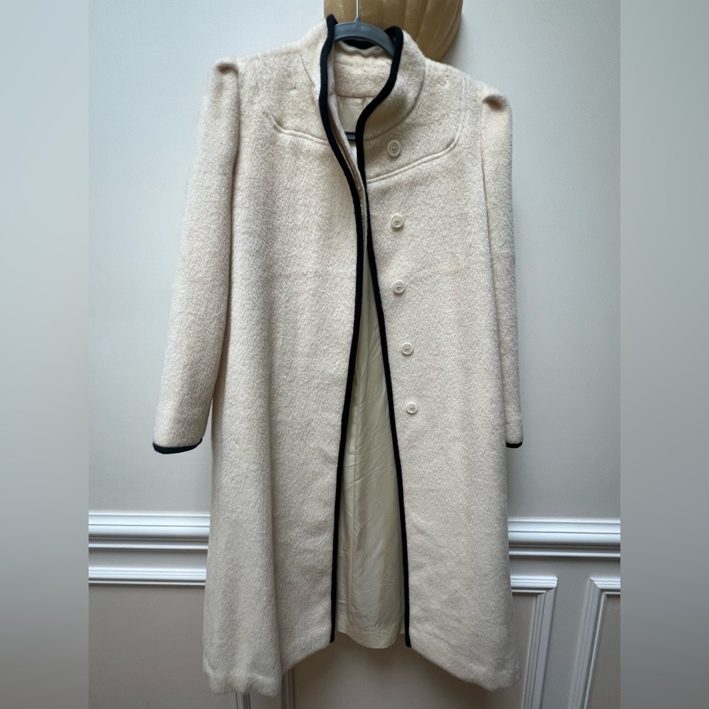 Elegant Cream Long Coat with Black Trim